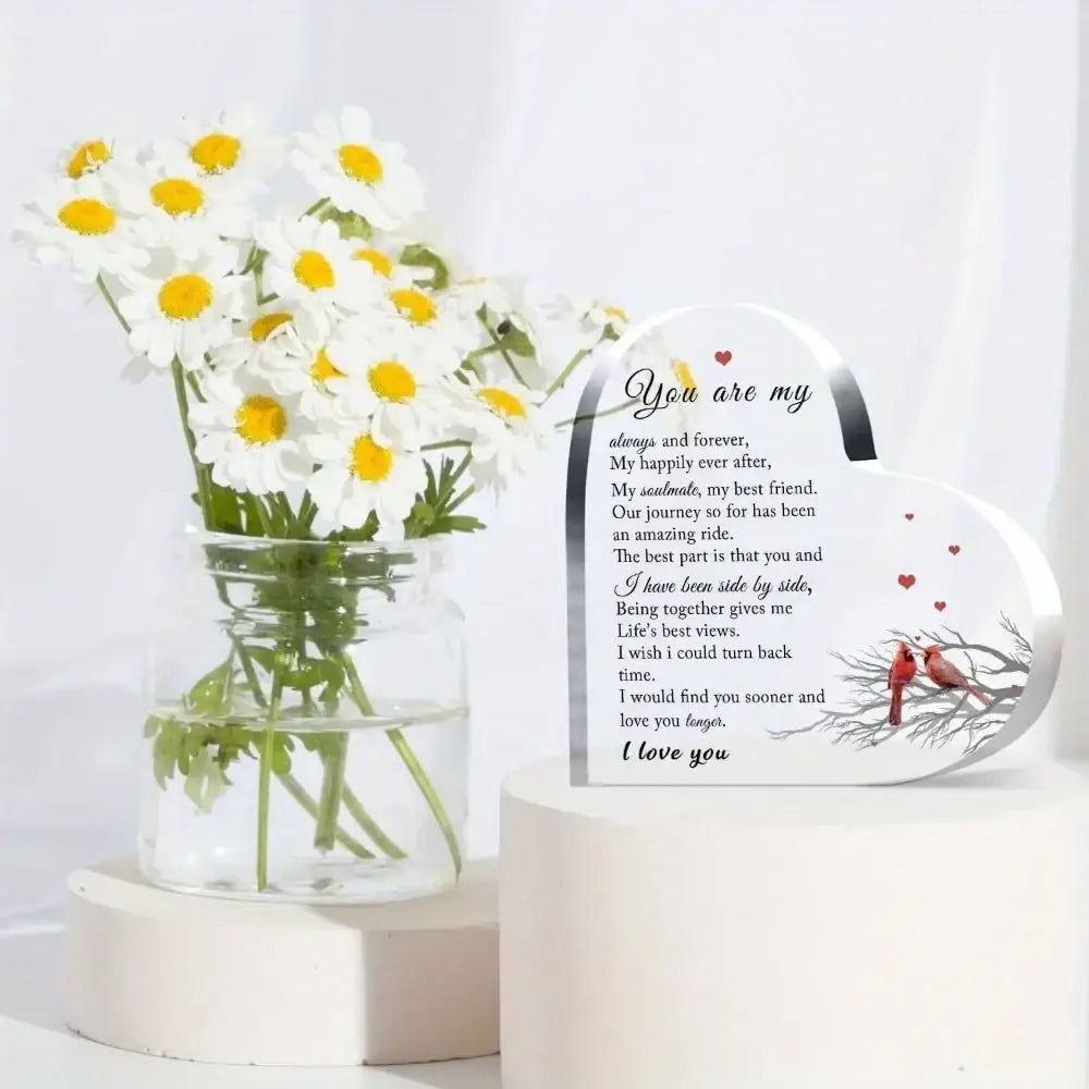 White heart-shaped wooden plaque with engraved romantic message and red cardinal illustration for keepsake gift