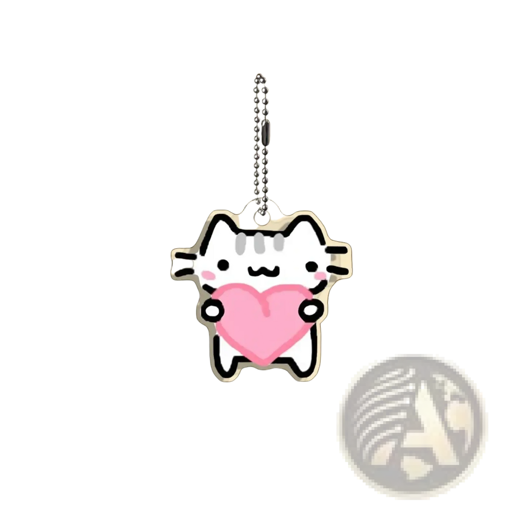 Acrylic cat keychain white pusheen cat holding pink heart with black outlines on silver ball chain gift set piece
