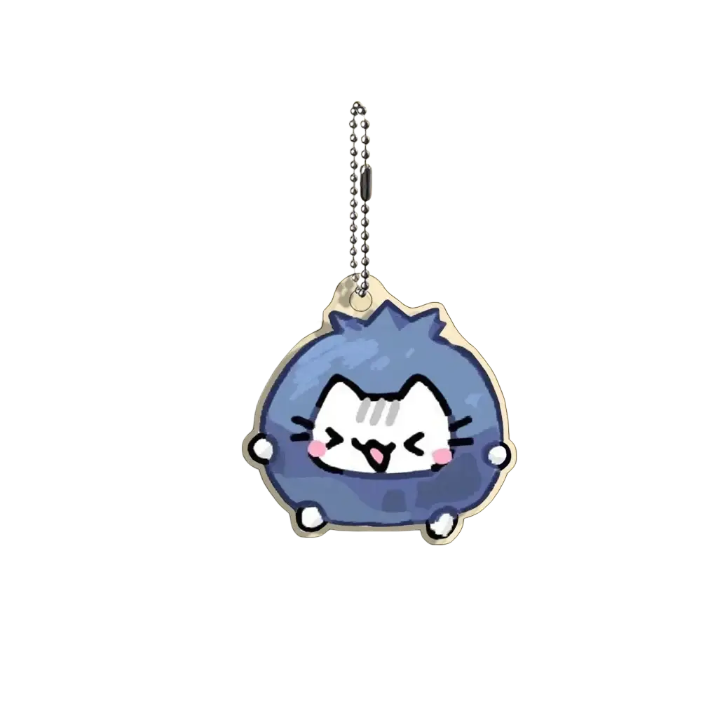 A blue plush acrylic cat keychain with a silver ball chain from a 10-piece cartoon gift set