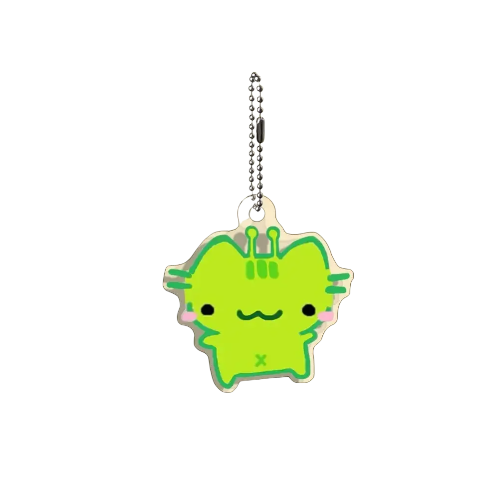 A bright lime green acrylic cat keychain with a cartoon alien design and a silver ball chain accessory