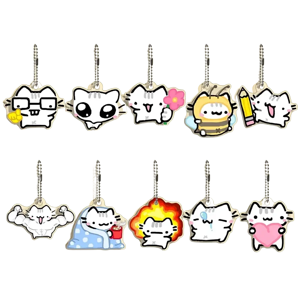 Clear acrylic cat keychains with cute white cartoon designs and silver ball chains in a 10-piece gift set