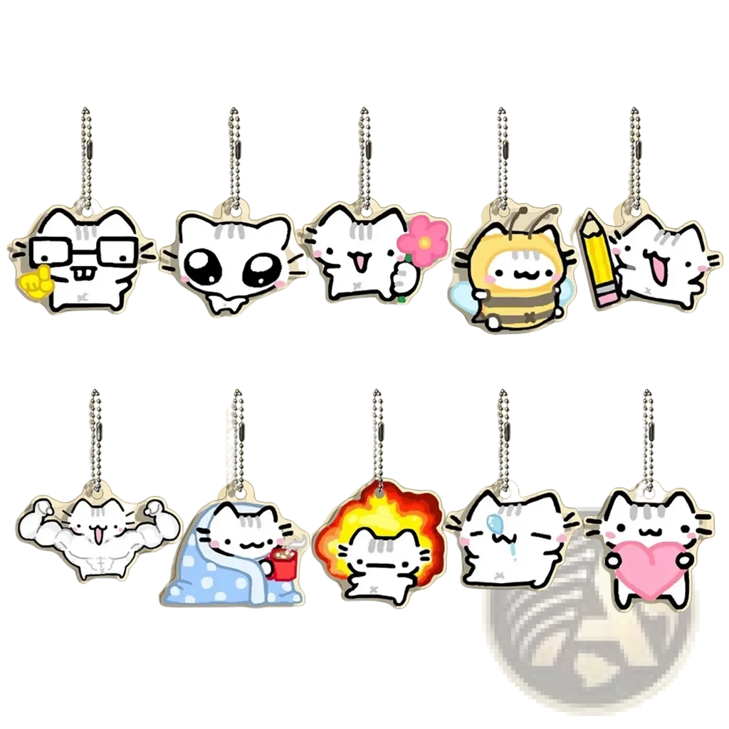 Clear acrylic cat keychains with cute white cartoon designs and silver ball chains in a 10-piece gift set