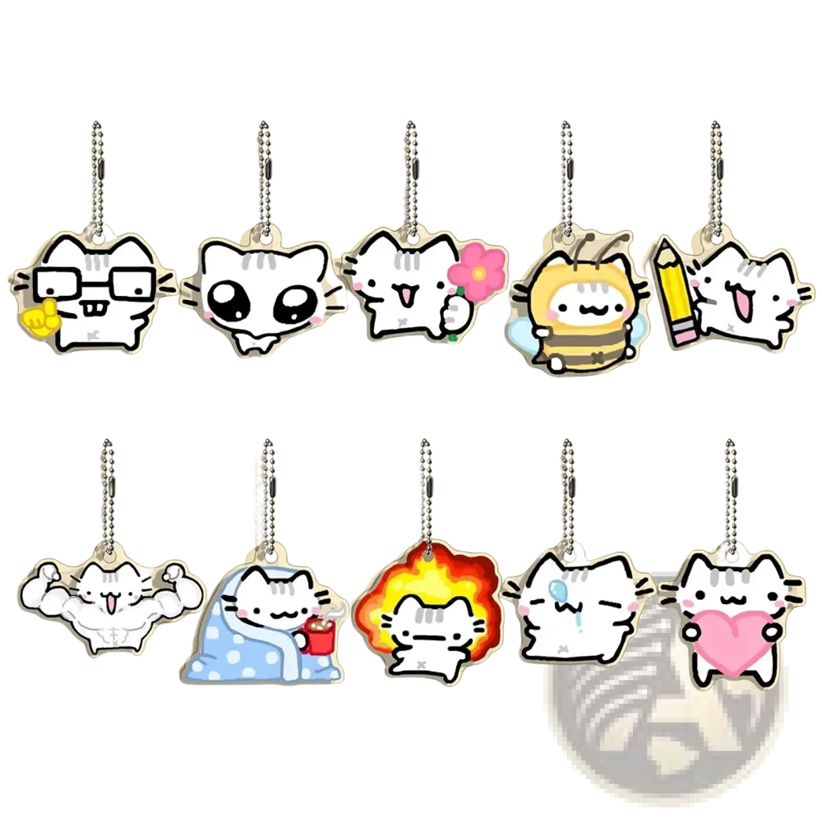Clear acrylic cat keychains with cute white cartoon designs and silver ball chains in a 10-piece gift set