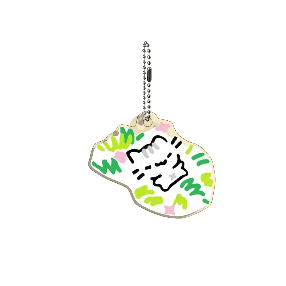Acrylic cat keychain with clear cartoon design silver ball chain and green and pink doodle accents from 10-piece gift set