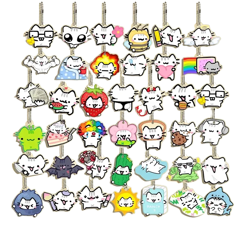 A collection of 40 colorful transparent acrylic cat keychains featuring cartoon designs in various whimsical poses