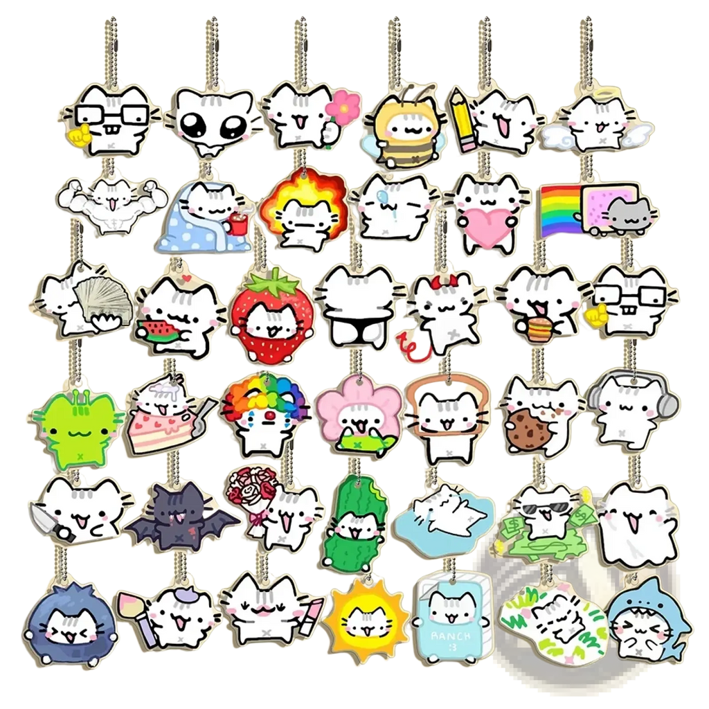 Acrylic cat keychain 10-piece cartoon gift set featuring colorful cat-themed keychains with various expressions and outfits