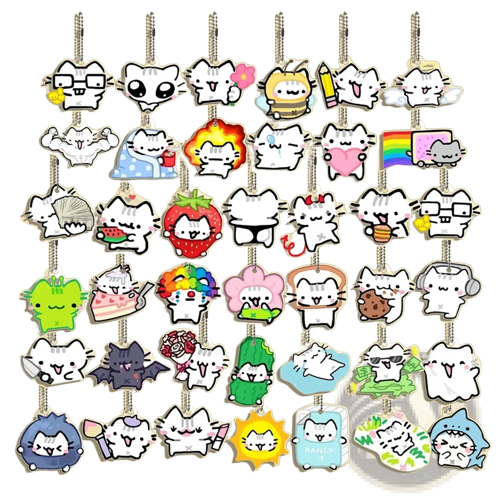 Acrylic cat keychain 10-piece cartoon gift set featuring colorful cat-themed keychains with various expressions and outfits