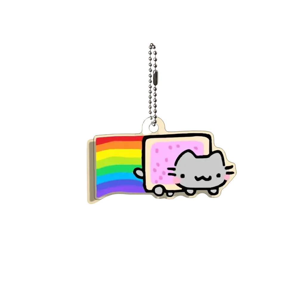 Acrylic cat keychain featuring a cute gray nyan cat design with pink polka dots and a rainbow trail on silver chain