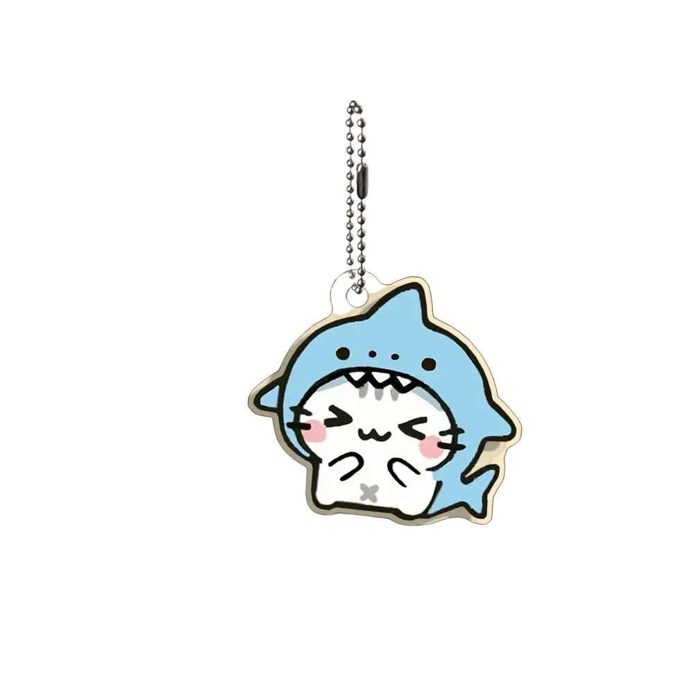 Acrylic cat keychain featuring a glossy light blue shark design with a white cartoon cat for a 10-piece gift set