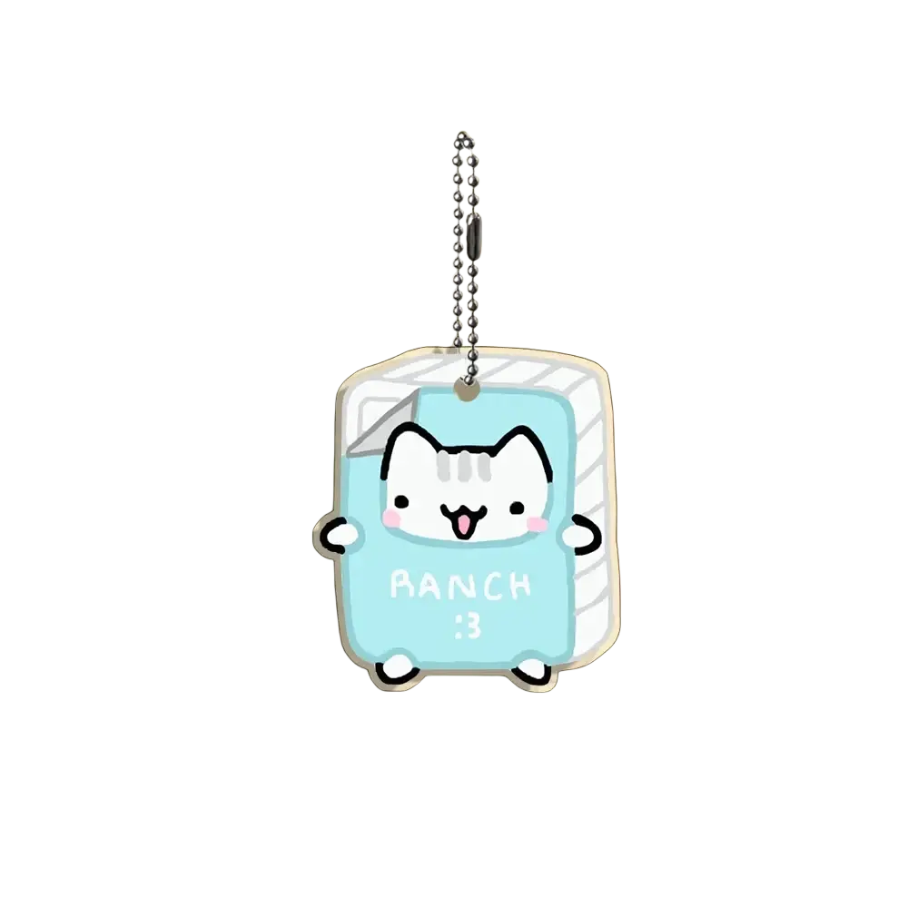 Acrylic cat keychain light blue with silver chain featuring panch and smiley face from 10-piece cartoon gift set