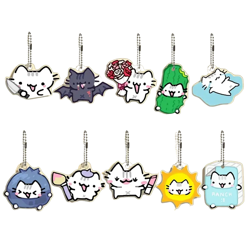 Acrylic cat keychain featuring a cute white cat with pink cheeks and black whiskers holding a knife from 10-piece set