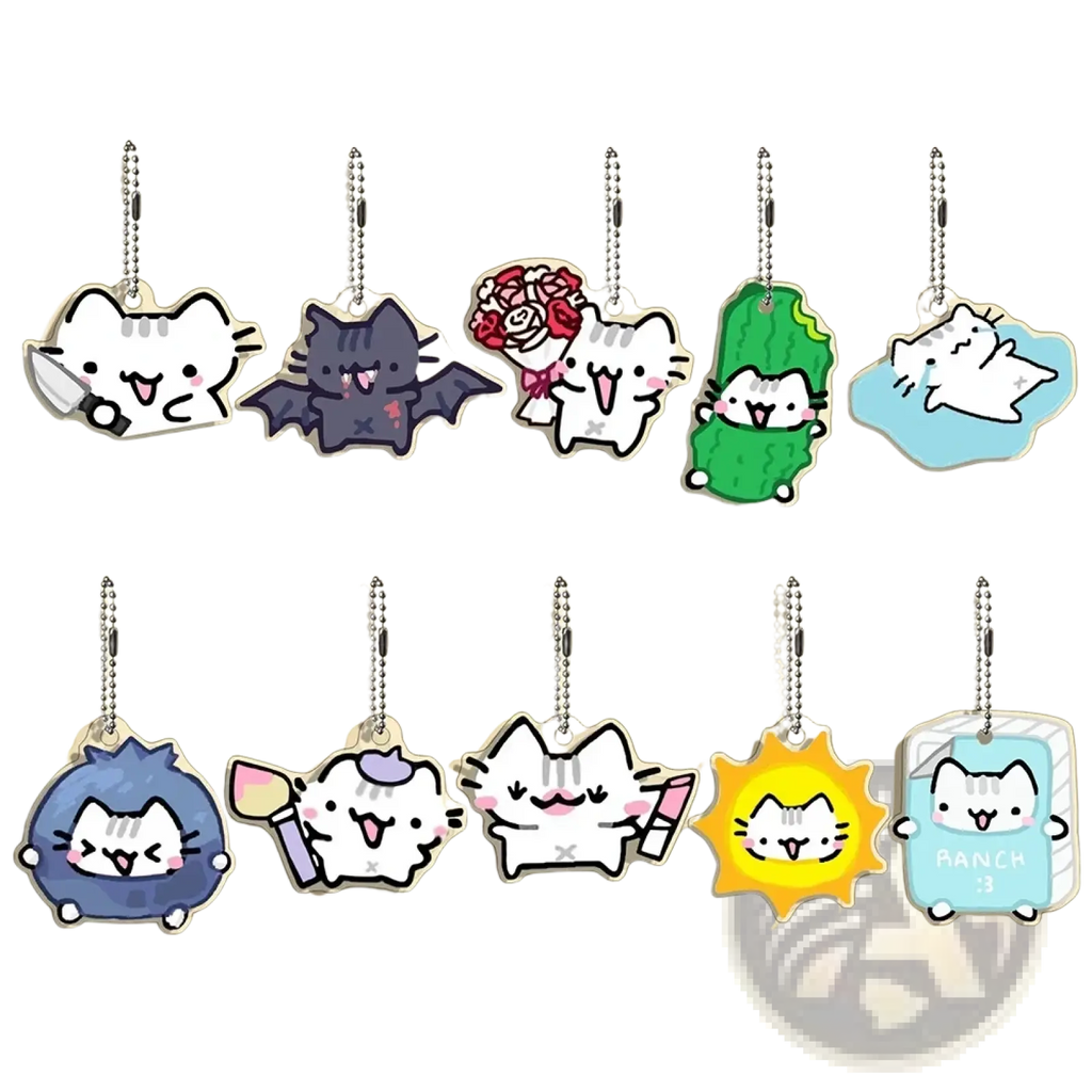 Acrylic cat keychain featuring a cute white cat with pink cheeks and black whiskers holding a knife from 10-piece set