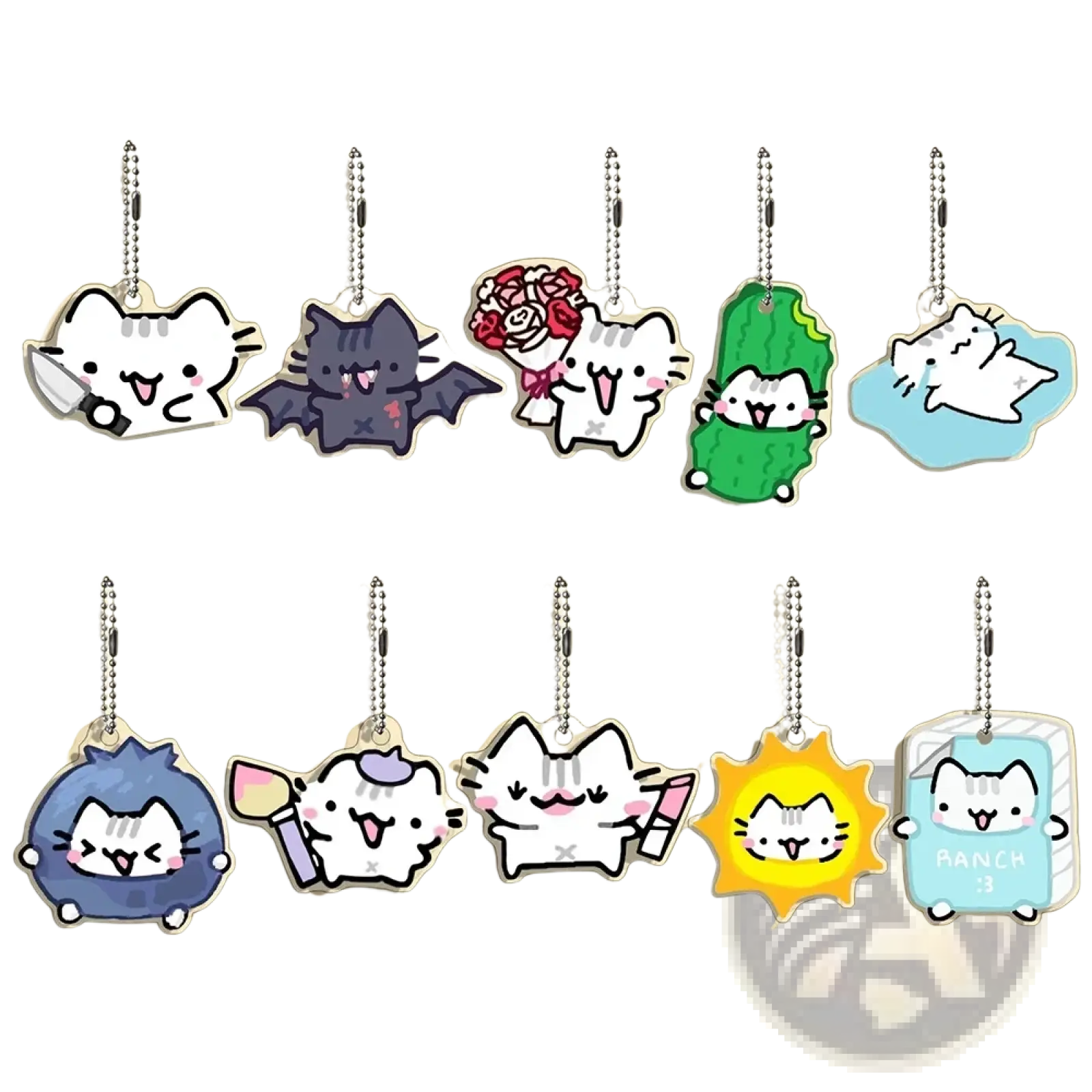 Acrylic cat keychain featuring a cute white cat with pink cheeks and black whiskers holding a knife from 10-piece set