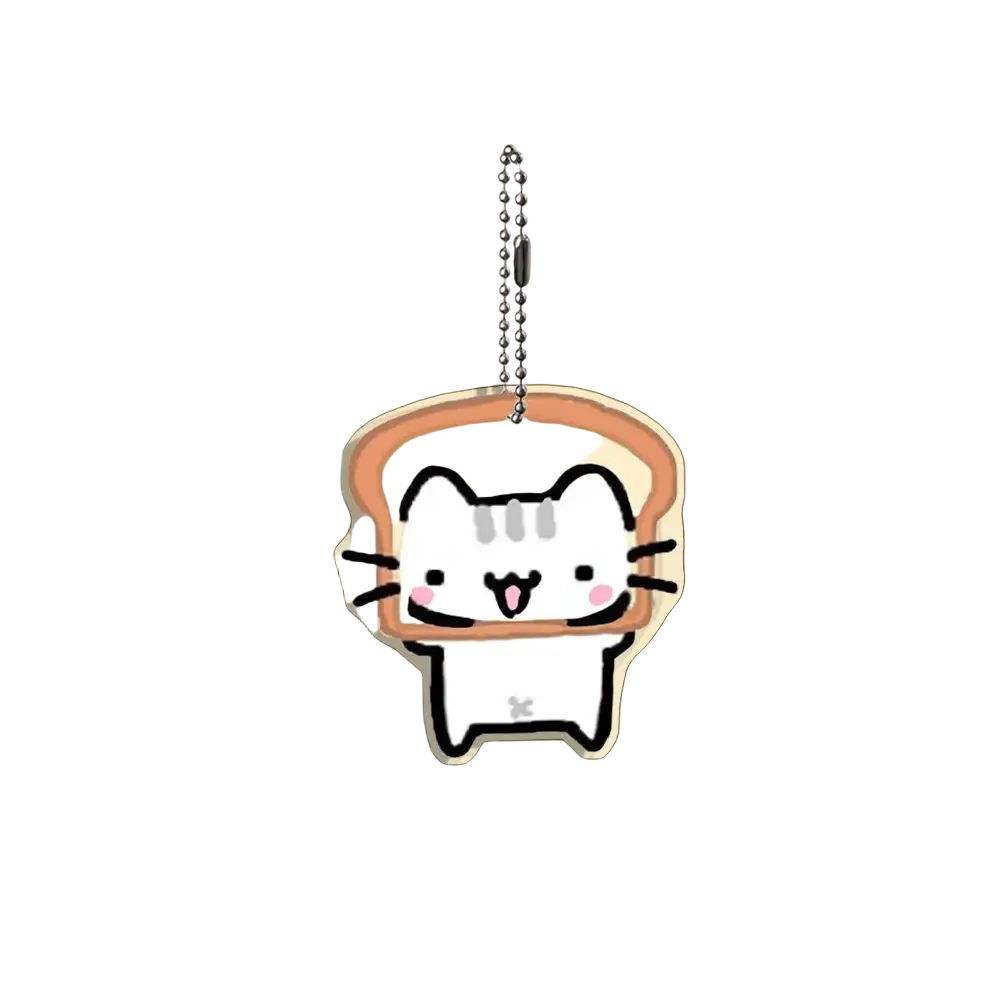 Acrylic cat keychain featuring a cute white cat shape with toasted bread outline and pink cheeks in a cartoon gift set