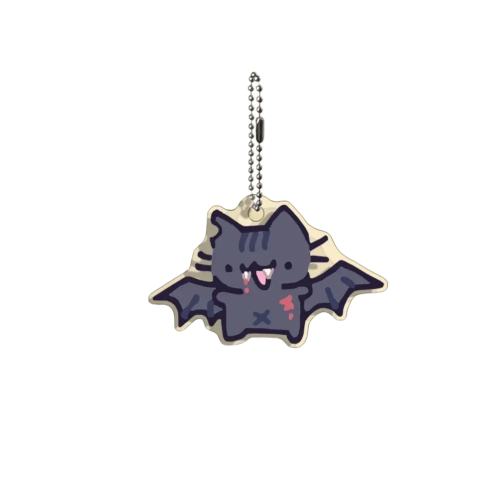 Acrylic cat keychain dark gray bat shape with cute cat face and pink accents from 10-piece cartoon gift set