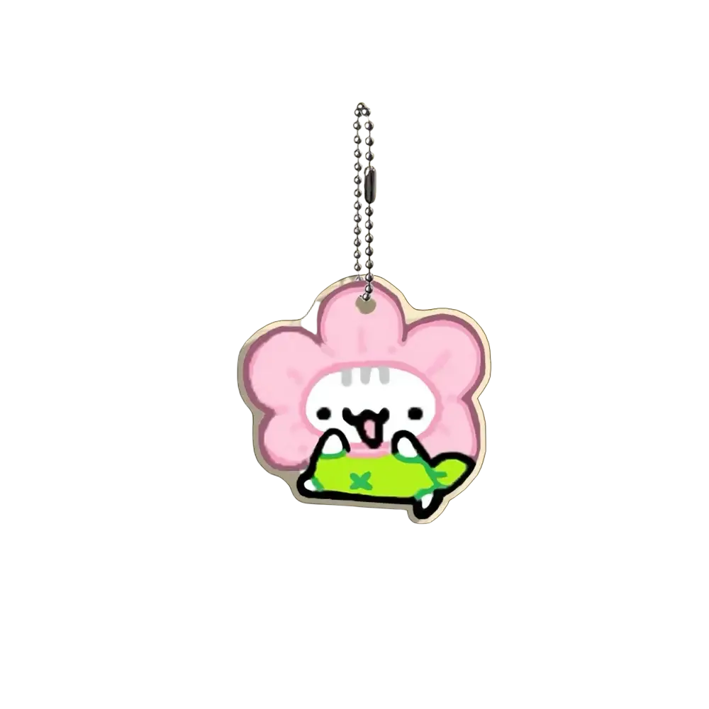 Pink flower-shaped acrylic cat keychain with white face black eyes and pink tongue in 10-piece cartoon gift set