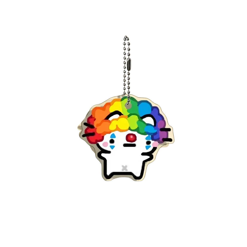 Acrylic cat keychain with rainbow hair and a glossy translucent finish from a 10-piece cartoon gift set