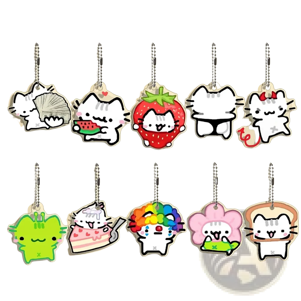 Set of ten colorful translucent acrylic cat keychains featuring cute cartoon designs in whimsical poses and outfits