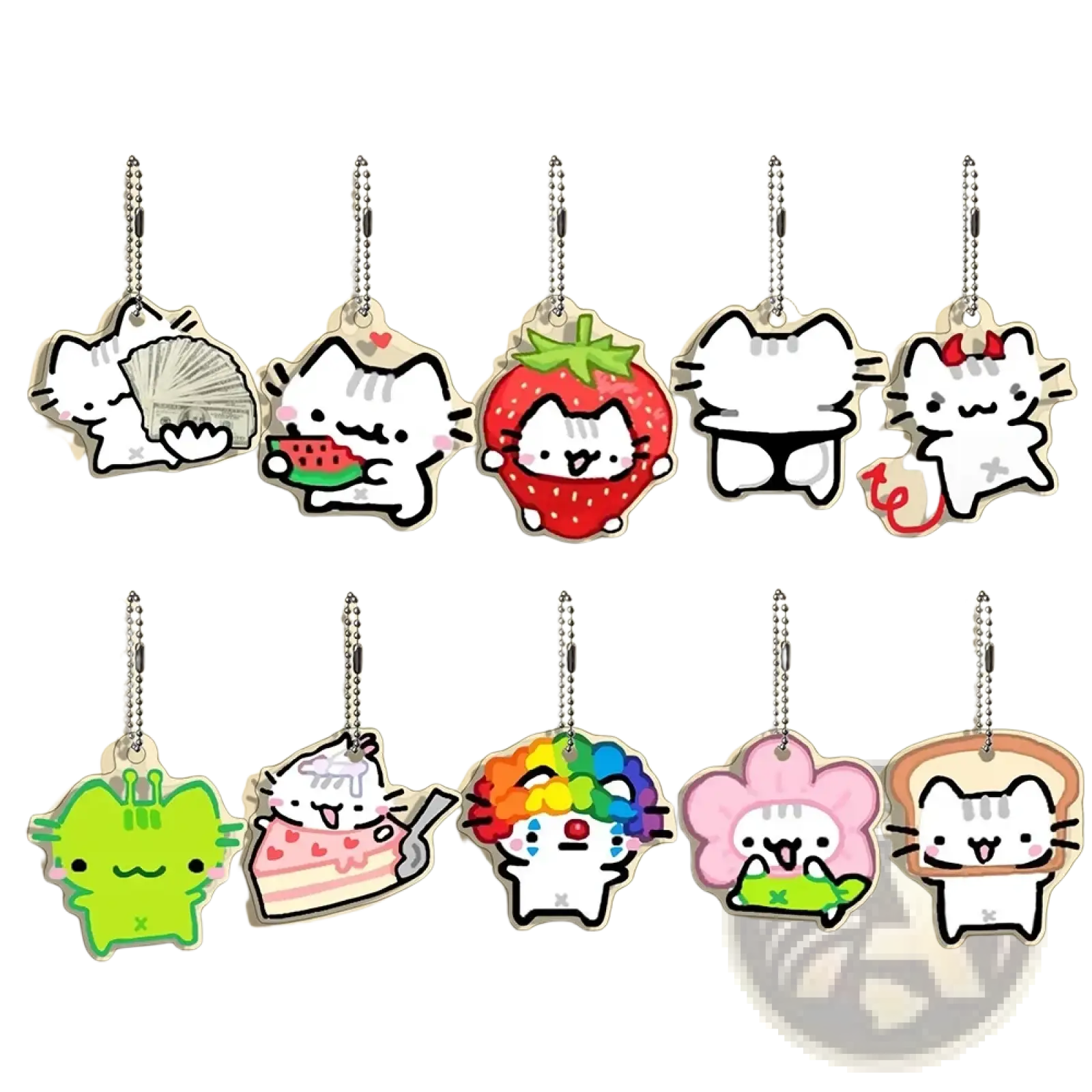 Set of ten colorful translucent acrylic cat keychains featuring cute cartoon designs in whimsical poses and outfits