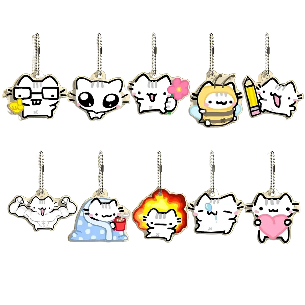 Set of ten colorful acrylic cat keychains featuring different expressions with silver ball chains for gifting