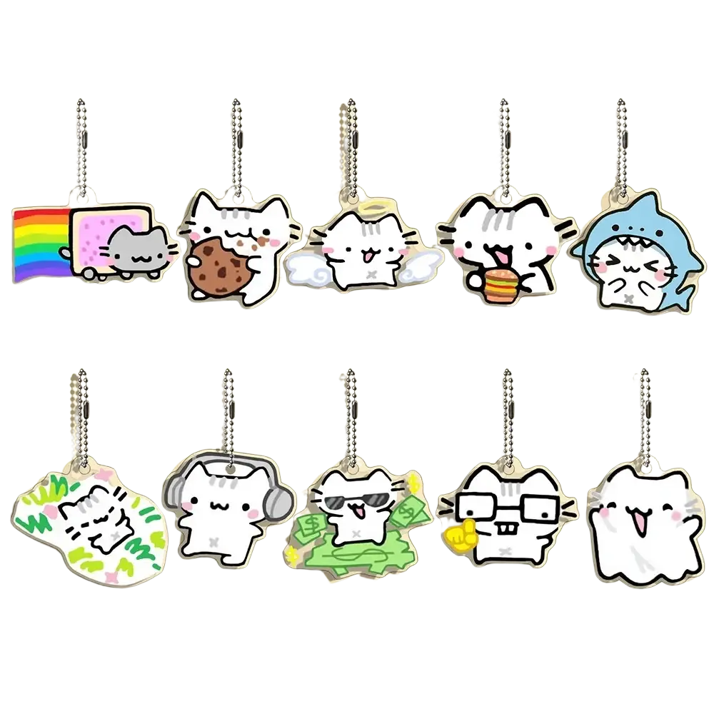 Set of ten white gray and blue nyan cat-themed acrylic keychains with colorful accessories in a cartoon gift set