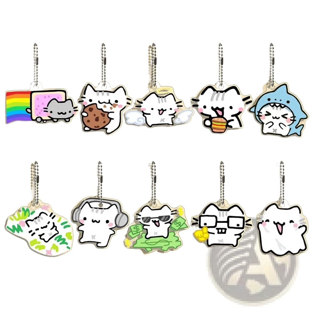Set of ten white gray and blue nyan cat-themed acrylic keychains with colorful accessories in a cartoon gift set