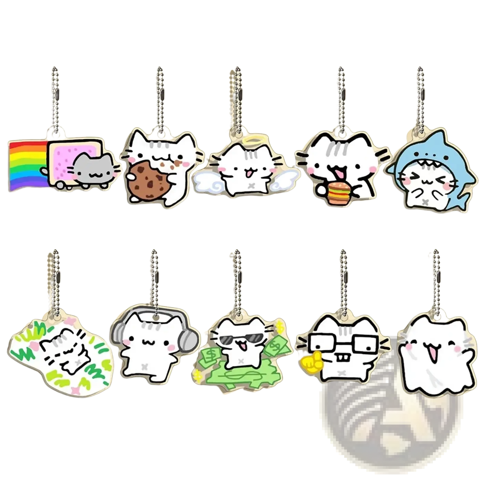 Set of ten white gray and blue nyan cat-themed acrylic keychains with colorful accessories in a cartoon gift set