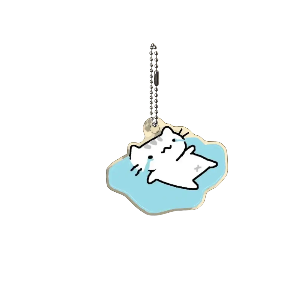 Acrylic cat keychain featuring a white cartoon cat charm with black outlines on a light blue acrylic base with silver chain