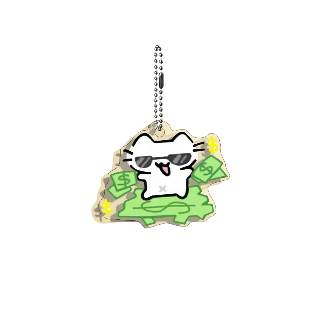 Acrylic cat keychain featuring a white cartoon cat with sunglasses on clear acrylic dollar bills and silver ball chain