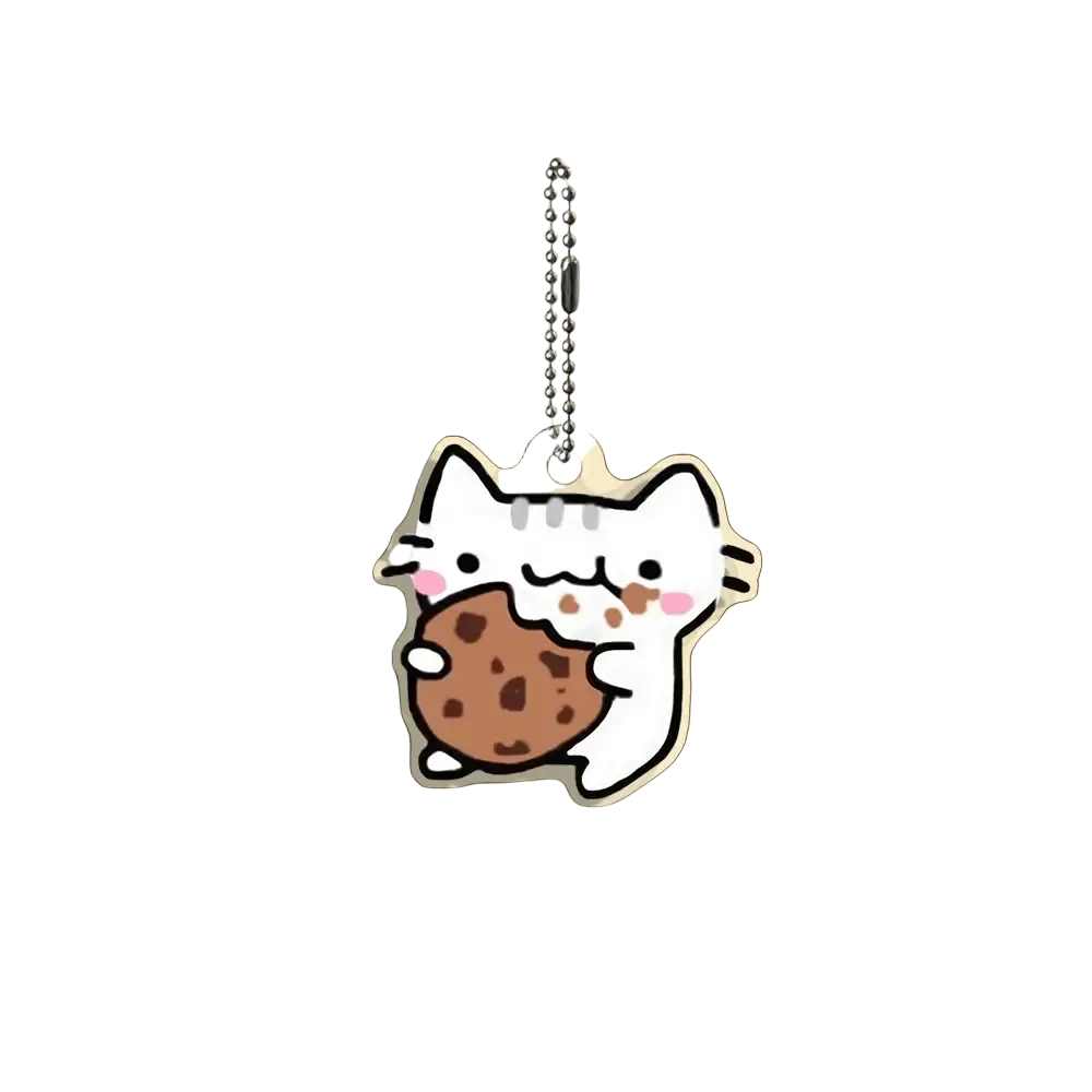 Acrylic cat keychain 10-piece cartoon gift set featuring a white cat with black outlines holding a chocolate chip cookie