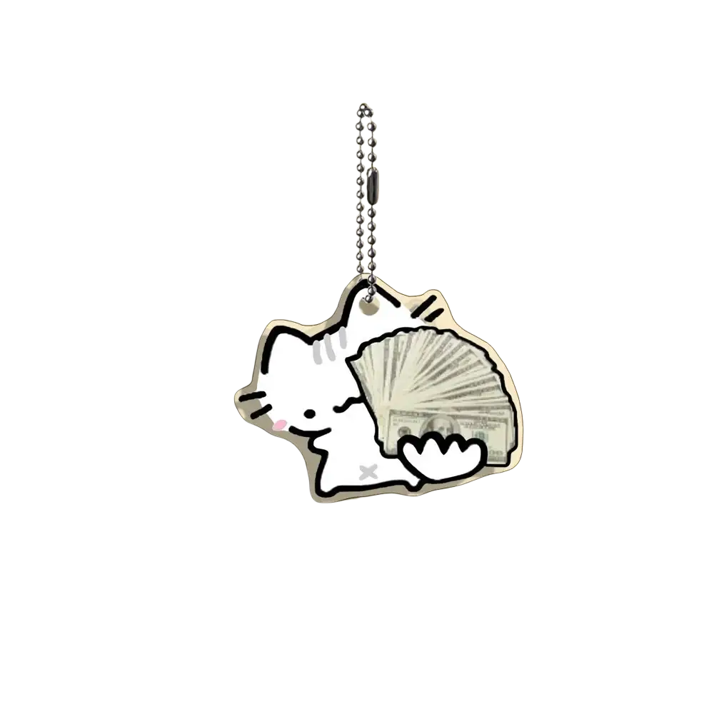Acrylic cat keychain white cartoon design with pink cheeks and colorful burger charm from 10-piece gift set