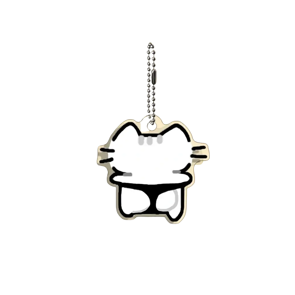 White acrylic cat keychain with minimalist black cartoon design and silver ball chain from 10-piece gift set