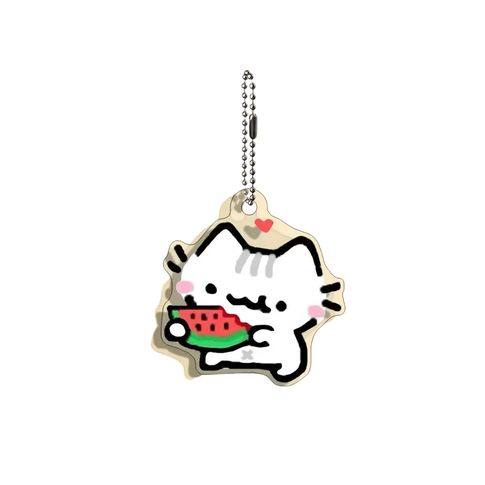 Acrylic cat keychain featuring a white cartoon cat with black outlines and pink cheeks holding a watermelon slice