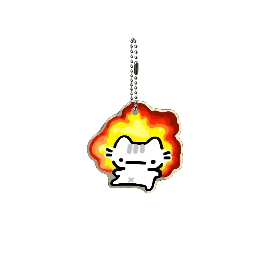 Acrylic cat keychain featuring a white cartoon cat charm with fiery orange and yellow explosion design on silver chain