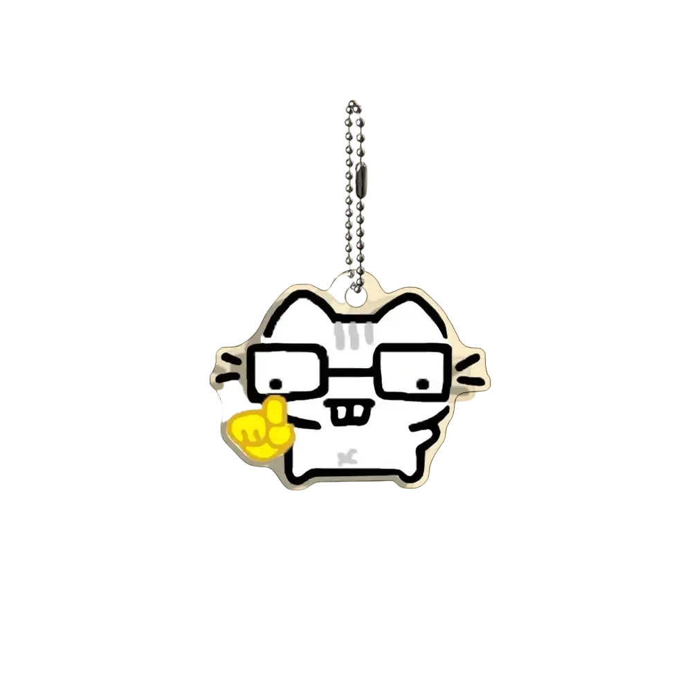 Acrylic cat keychain white cartoon with black outlines wearing glasses holding yellow charm on silver ball chain