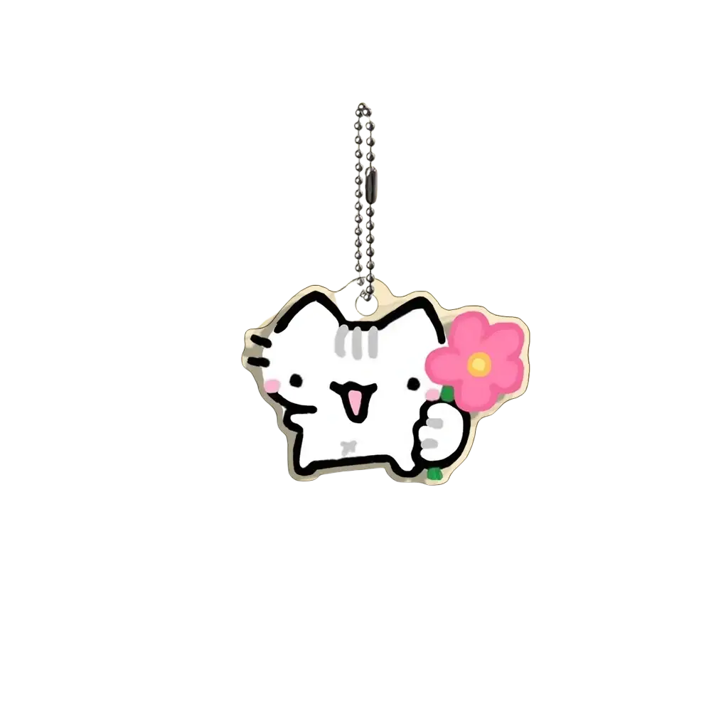 Acrylic cat keychain white cartoon holding pink flower silver ball chain part of 10-piece gift set