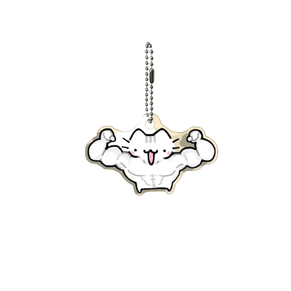 Acrylic white cartoon cat keychain with flexed muscles and tongue out made of clear plastic with black outlines