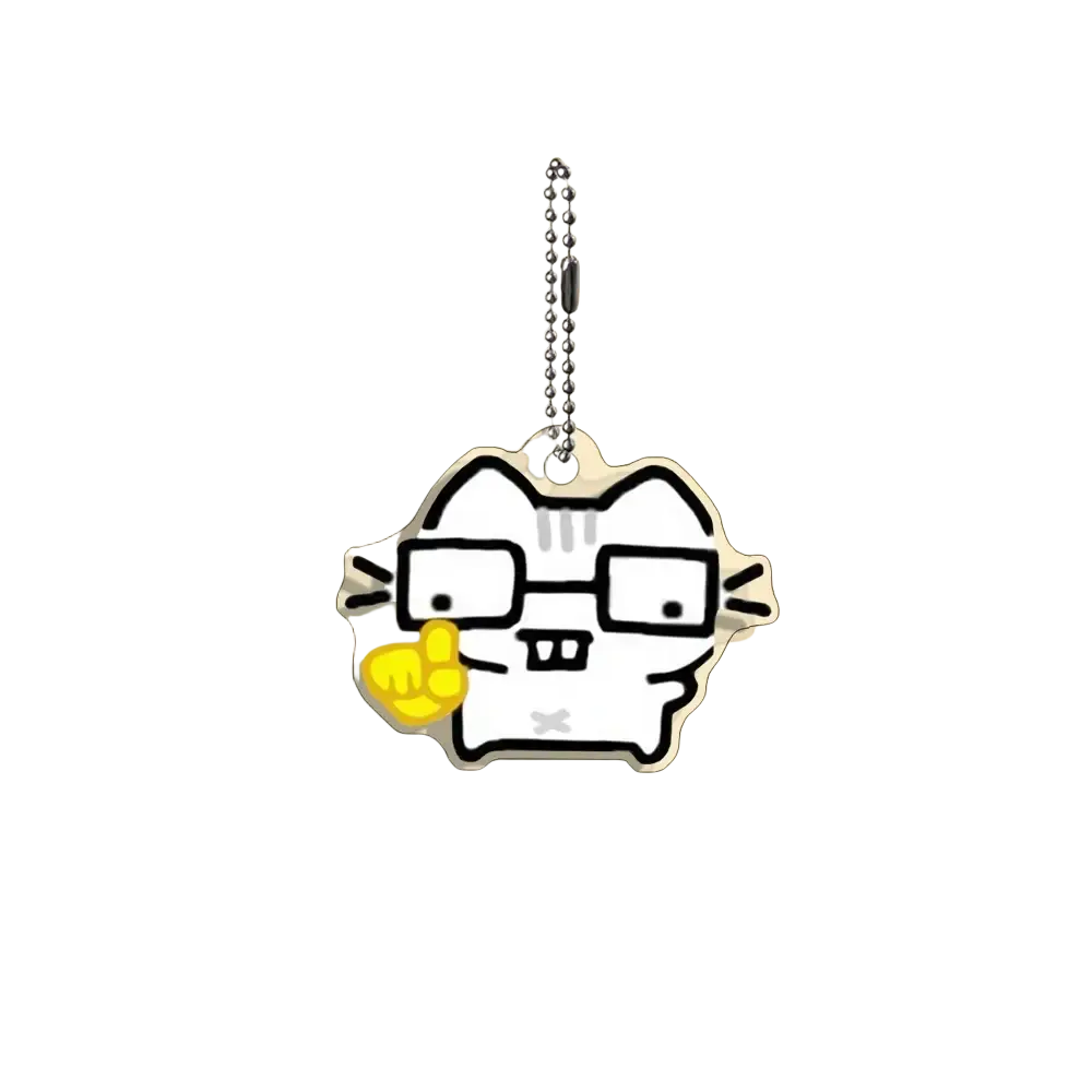Acrylic white cartoon cat keychain with black outlines wearing glasses and holding a yellow finger gesture charm