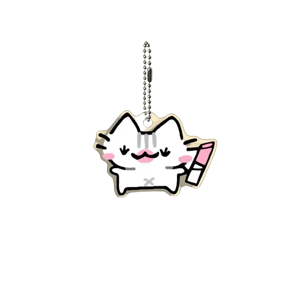Acrylic white cartoon cat keychain with pink blush and lipstick featuring a silver ball chain from a 10-piece gift set