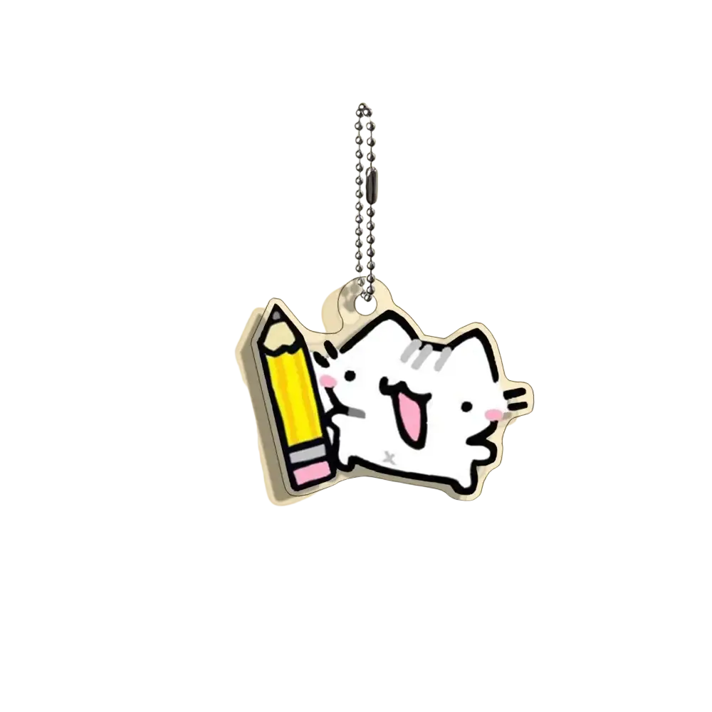 Acrylic cat keychain featuring a white cartoon cat holding a yellow pencil with a pink eraser and gray metal chain