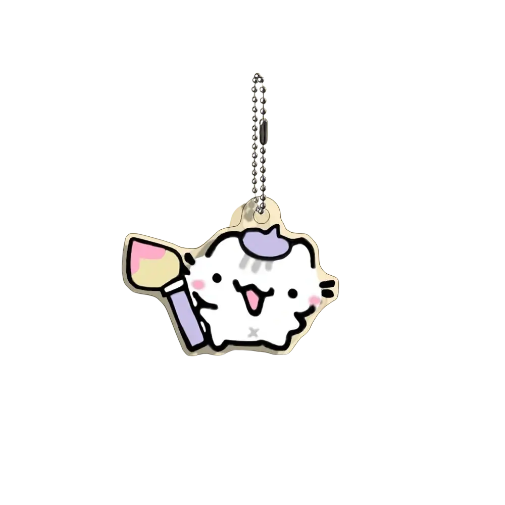Acrylic cat keychain featuring a white cartoonish design with lavender hairdo and purple paintbrush, part of a 10-piece gift set