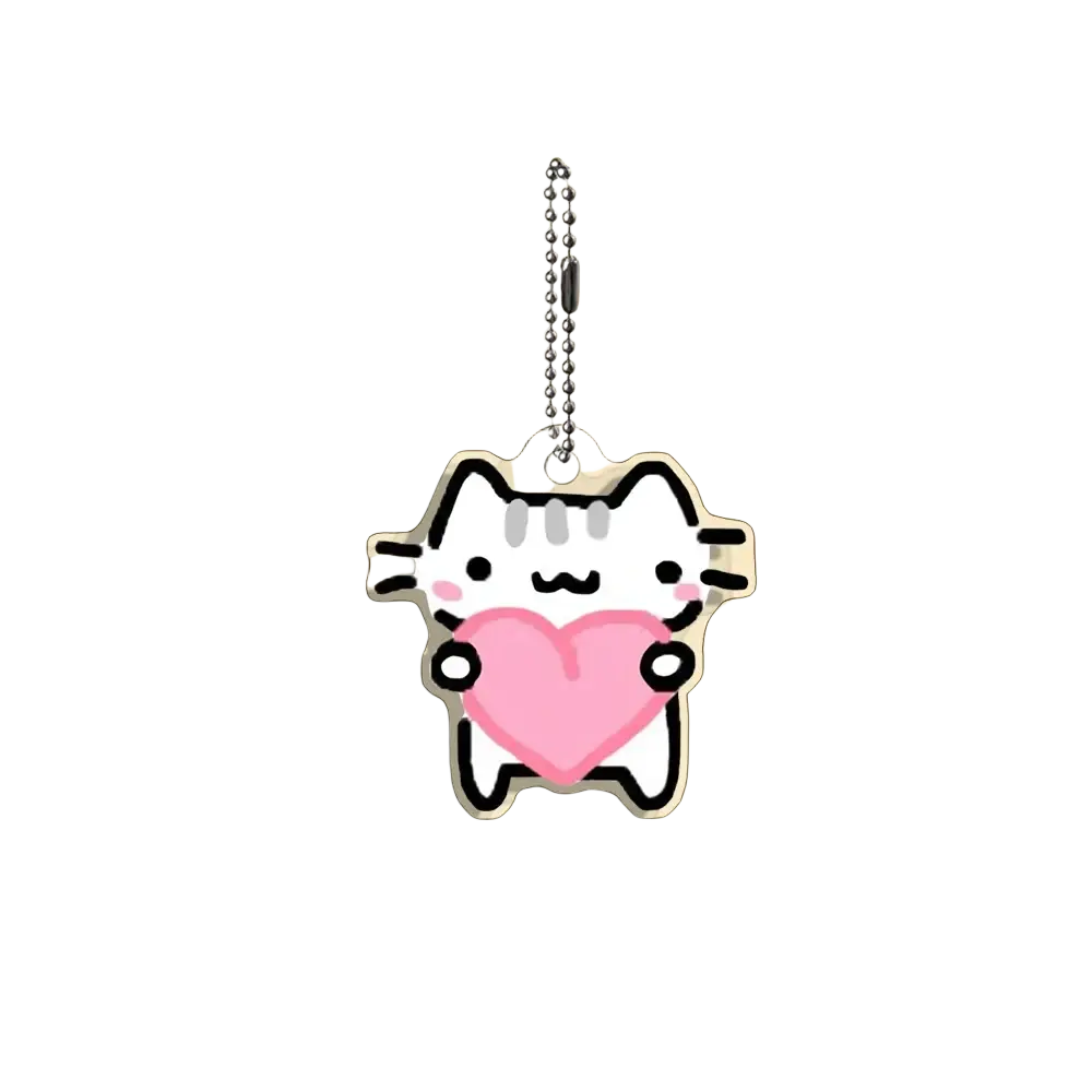 Acrylic cat keychain white pusheen cat holding pink heart with black outlines on silver ball chain gift set piece