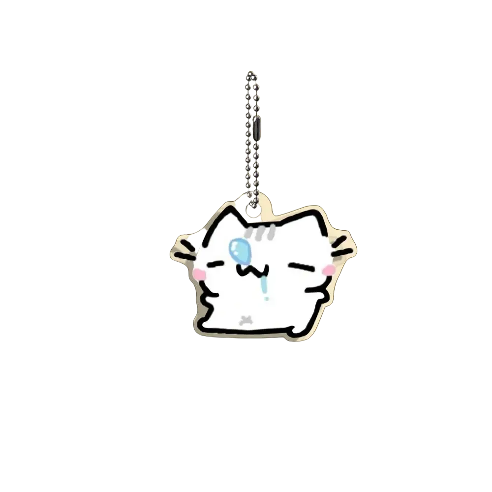 Acrylic cat keychain featuring a white cartoon cat with black outlines pink cheeks and a blue teardrop on its face