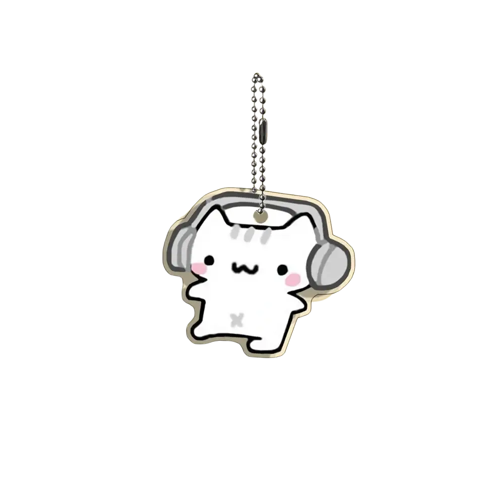 Acrylic white cat keychain with gray headphones pink cheeks and silver ball chain from 10-piece cartoon gift set