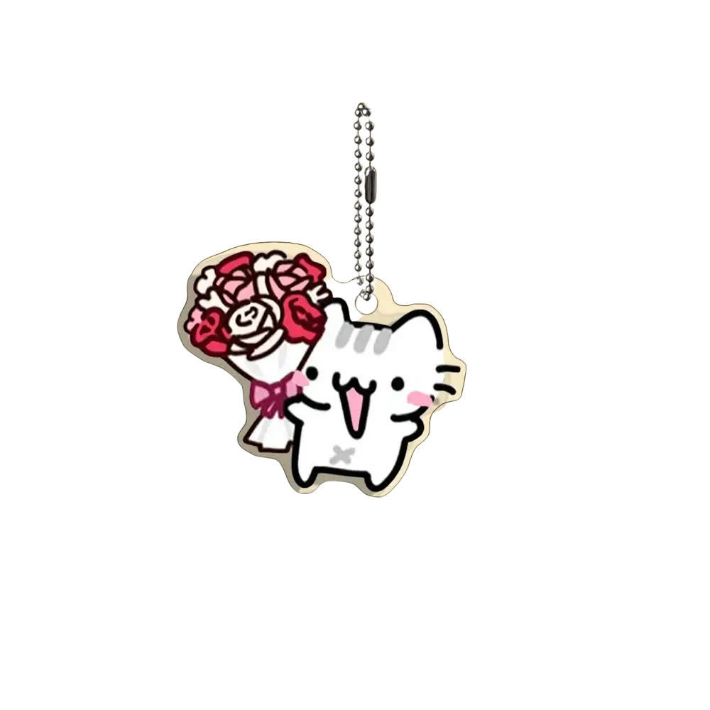 Acrylic cat keychain featuring a white cartoon cat with pink cheeks striped tail holding red roses in a 10-piece gift set
