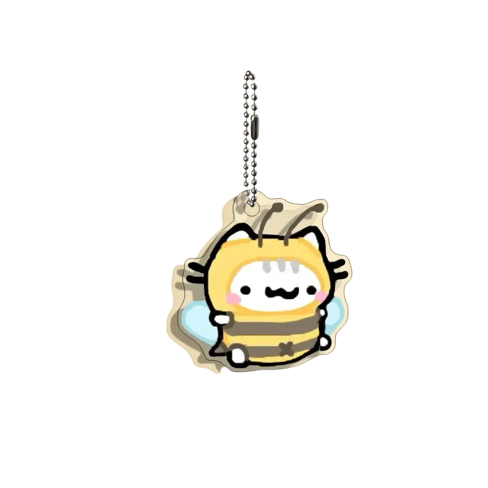 Acrylic cat keychain with yellow and brown bee stripes translucent acrylic body and silver ball chain from 10-piece cartoon gift set