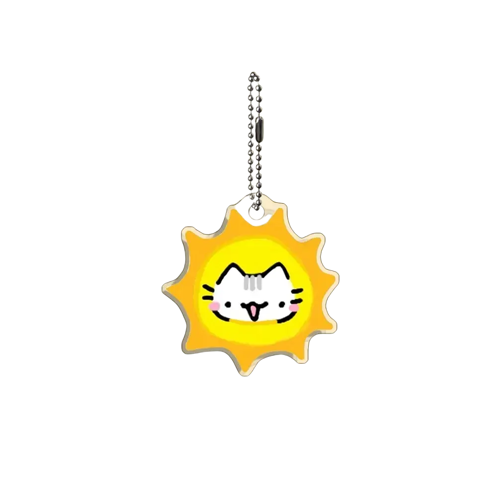Acrylic cat keychain featuring a yellow sun shape with a cute white cat face and a silver ball chain attachment