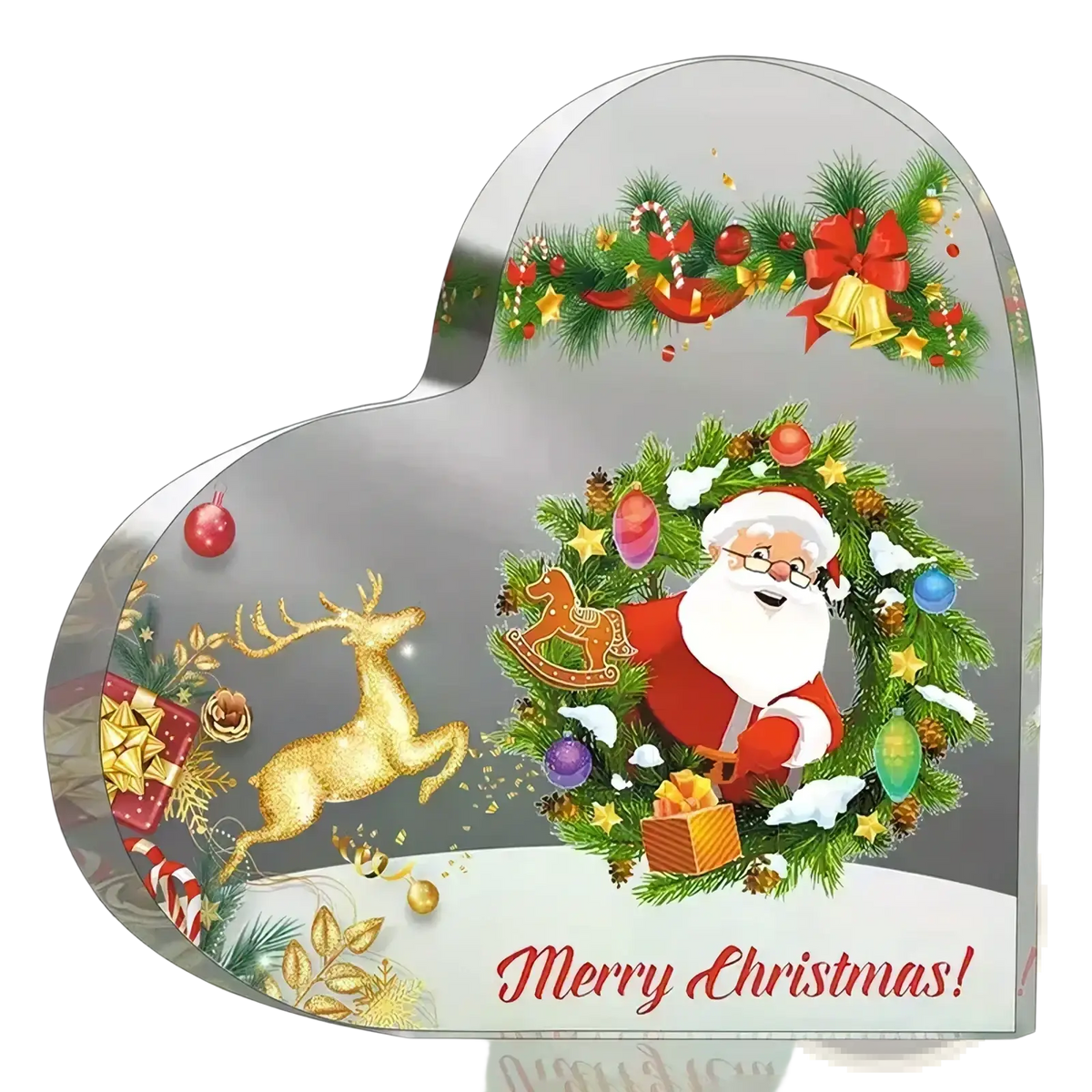 Acrylic clear heart-shaped Christmas desktop ornament featuring santa claus, green wreath, gold reindeer, and festive decorations