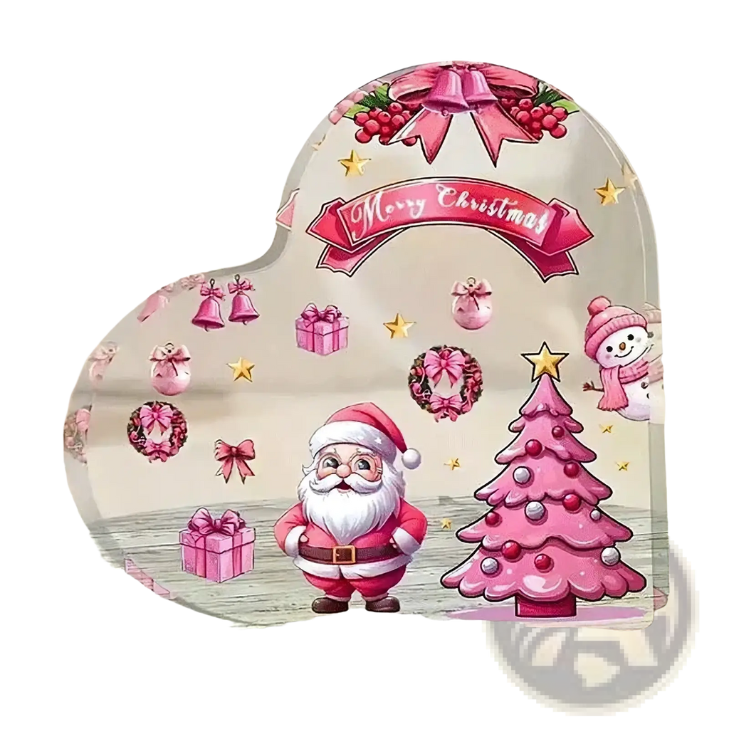 Pink acrylic christmas heart desktop ornament stand with decorative glass dome featuring santa tree and festive ornaments