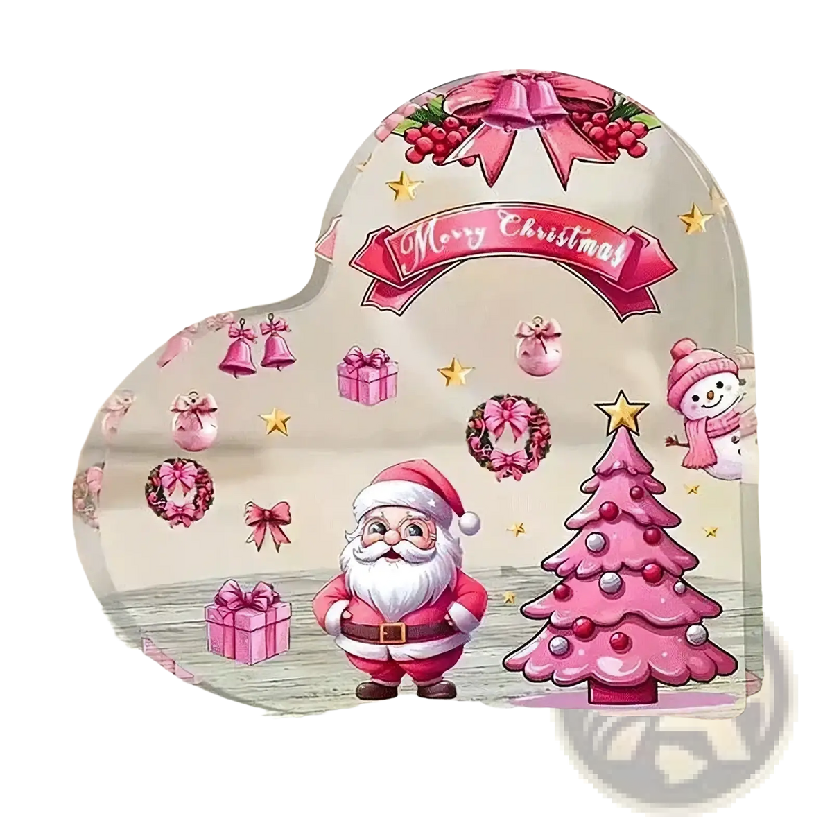 Pink acrylic christmas heart desktop ornament stand with decorative glass dome featuring santa tree and festive ornaments